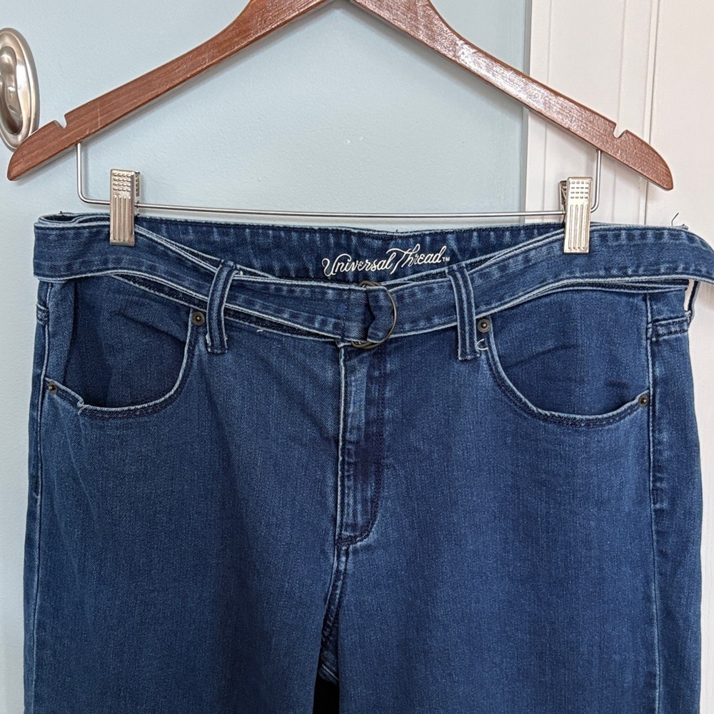 Universal Thread Indigo Denim Belted Wide Leg High Rise Cropped Jeans - Picture 3 of 14